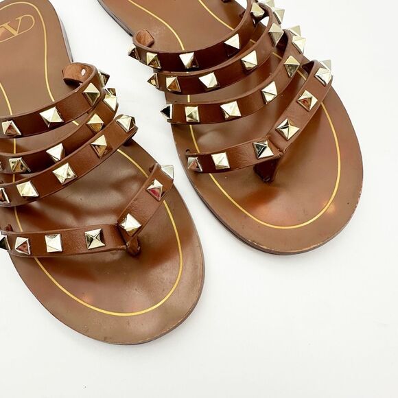 VALENTINO Rockstud Flair Cage Brown Leather Sandal Size 38 Flip Flop Studded - Picture 4 of 12
